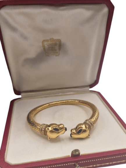 Cartier Vintage Double Cougar Náramek ze Žlutého Zlata s Diamanty a Safíry